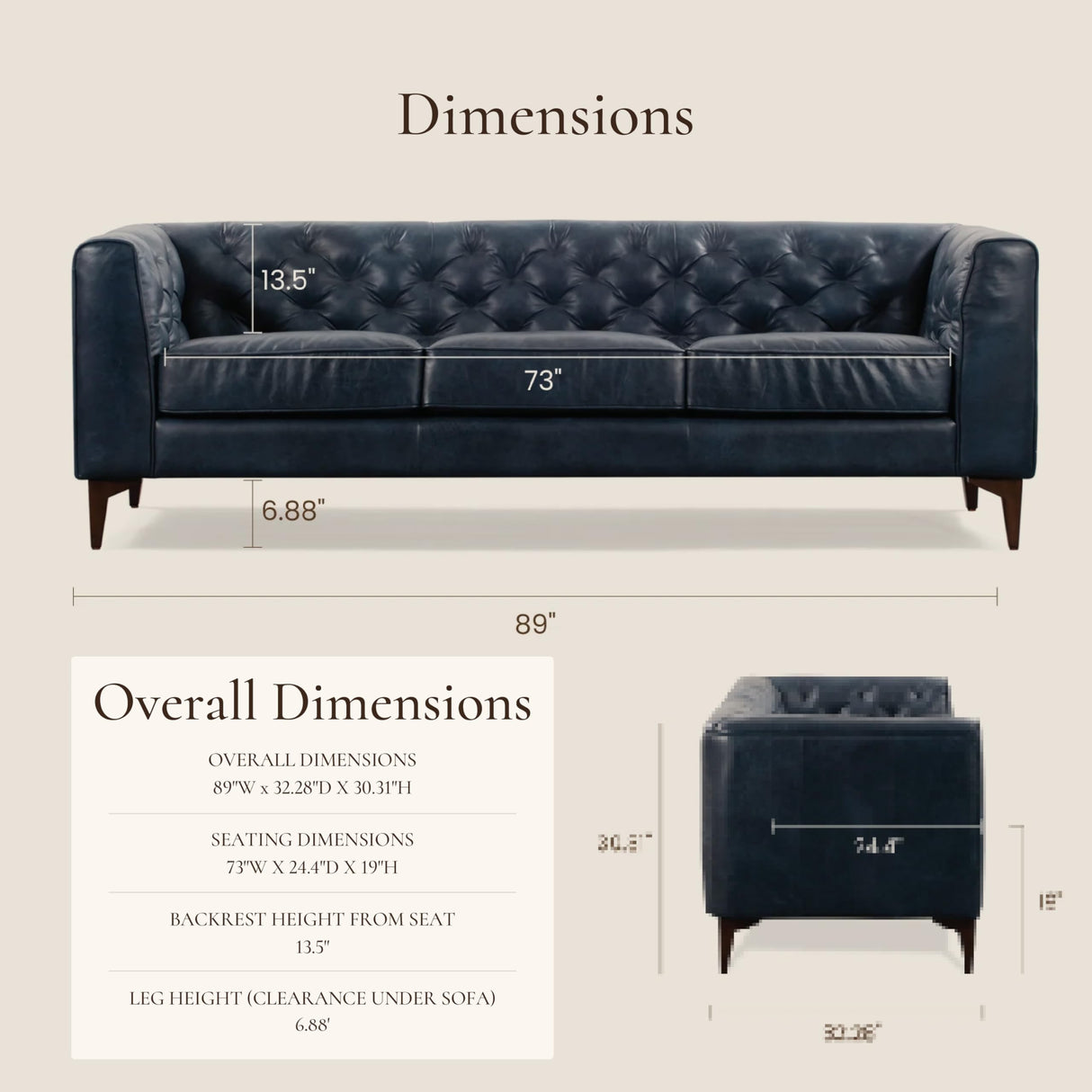 POLY & BARK Essex Leather Couch - 89-Inch Sofa with Tufted Back - Full-Grain Leather Sofa for Living Room with Feather-Down Topper - Living Room Couch - Vintage Italian Leather in Midnight Blue POLY & BARK