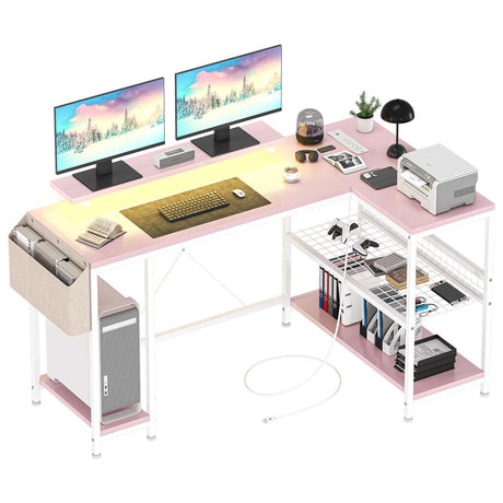 Jojoka L Shaped Computer Desk with Power Outlets & LED Light, 49.6" Reversible Corner Computer Desk with Storage Shelves & Monitor Stand, Home Office Desk, Gaming Desk, Writing Desk (Pink) Jojoka