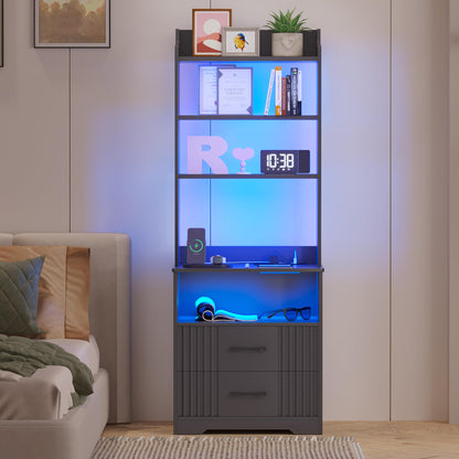 Vlsrka Smart Tall Nightstand with LED Lights and Charging Station - Modern Grey Bedside Table with Bookshelf and Storage Cabinet - WoodArtSupply