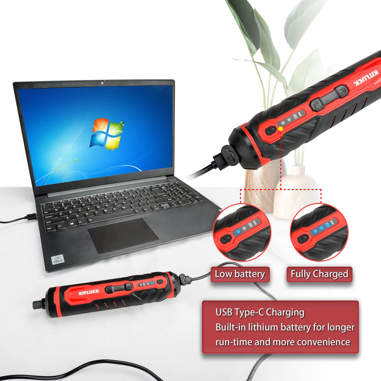 Electric Screwdriver, 4V Power Cordless Screwdriver Rechargeable Set with Li-ion Battery, 31 Bits&Extension Rod, 3 LED, 3 Adjustable Torque, Magnetic Hex Chuck, Mini Electric Screw driver Kit KITLUCK