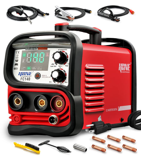 HONE MIG Welder 110V, Actual 140Amp Flux Core Welder/Stick Welder/Lift TIG 3 in 1 Synergic Welding Machine, Smart IGBT Inverter Large LED Display Gasless Wire Welder with Welding Gun HONE
