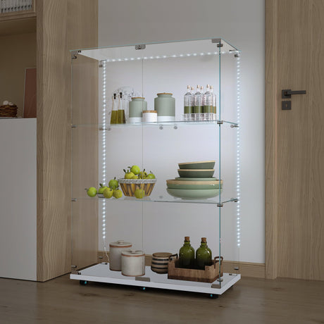 49.73" Tall Glass Display Cabinet with LED Lights&Rolling Wheels, Curio Glass Cabinet with 3 Shelves with 2 Door, Quick-Install Style Floor Standing Bookshelf File Cabinet for Home Office Kootlena