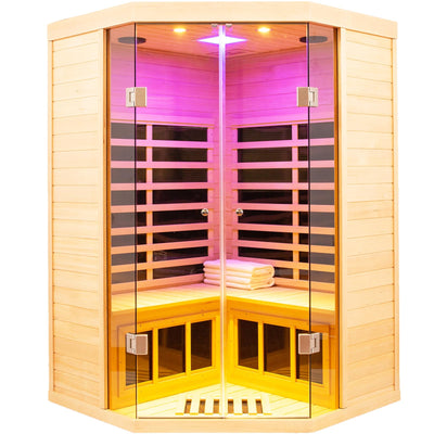 Infrared Sauna 2-3 Person Infrared Saunas for Home, Indoor Corner Sauna Spa Low Emf Infrared Sauna with 7 Color Therapy Dry Sauna for Home,2 Bluetooth Speakers, 2 LED Reading Lamp