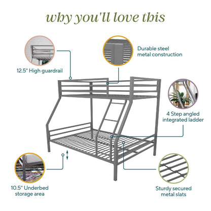 Novogratz Maxwell Metal Bunk Bed Frame for Kids and Teens, with Angled Ladder, High Guardrail and Metal Slats, No Boxspring Required, Underbed Storage Space, Twin-Over-Full, Gray