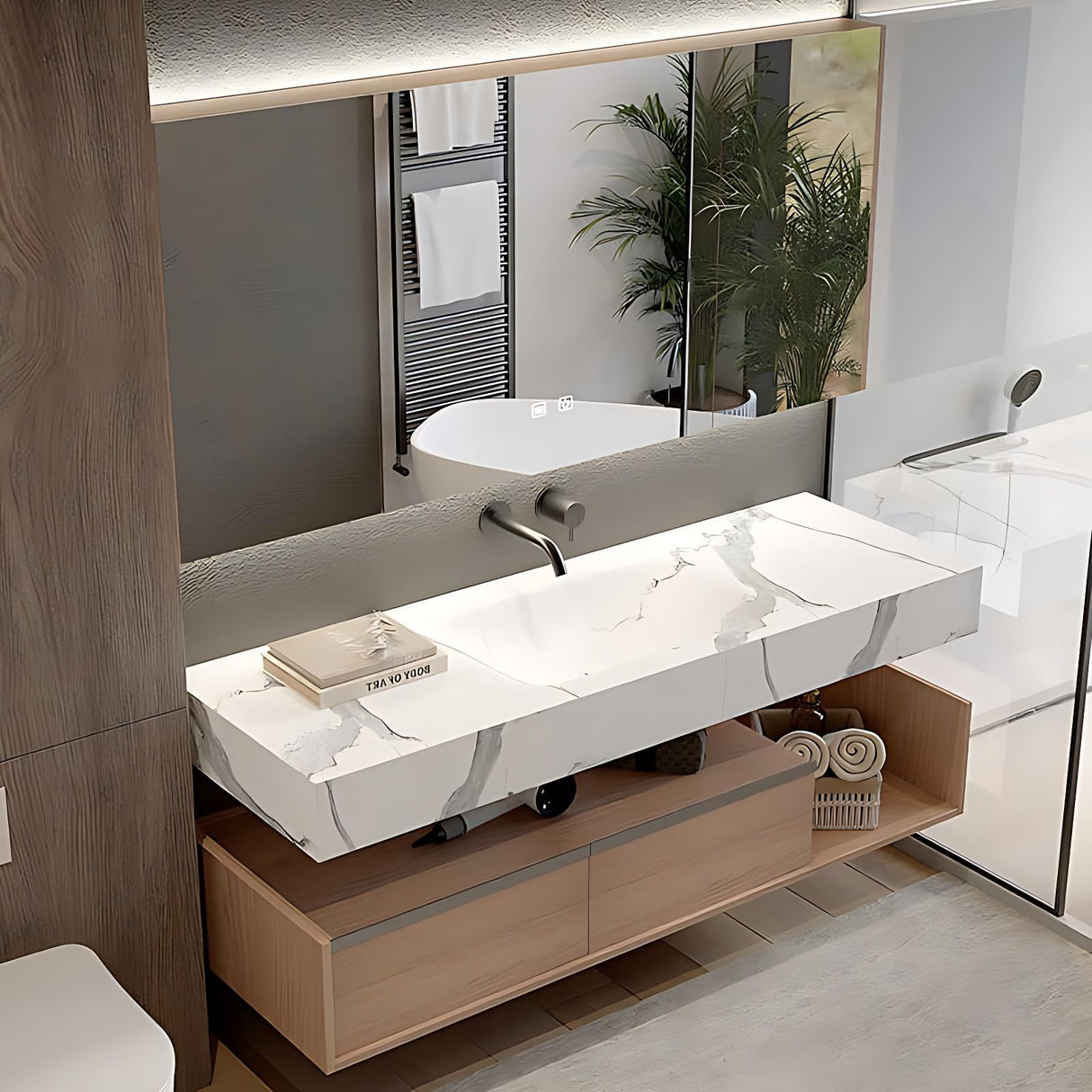 ZGNBSD Bathroom Vanity with Sink - Modern Floating Bathroom Vanity with Drawers & LED Smart Defog Mirror Cabinet - Solid Wood Bathroom Vanity - Wall Mount (A, 60 in) ZGNBSD