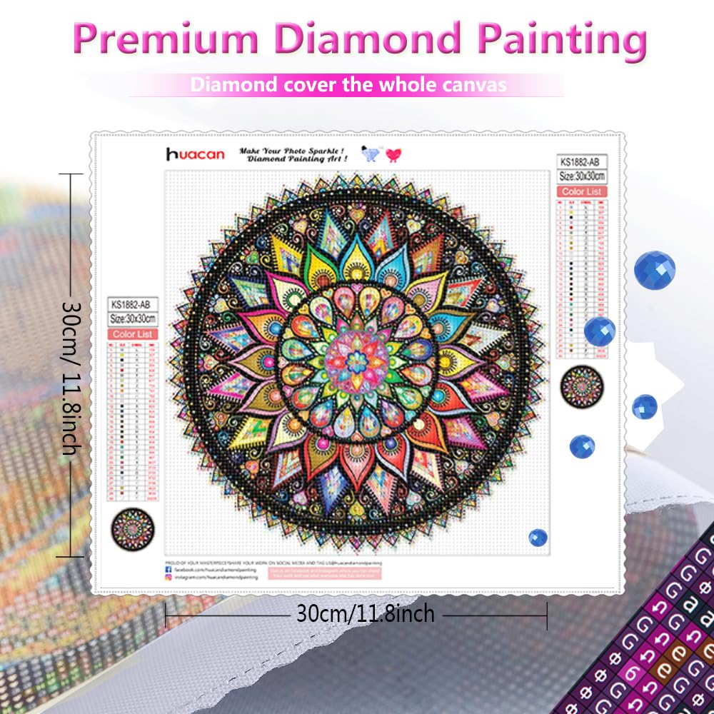 Huacan Mandala Diamond Painting Kits AB Diamond Art Kits for Adults Beginner 5D Full Drill Round Diamond Dots Painting with Diamond Gift 11.8x11.8inch/30x30cm Huacan