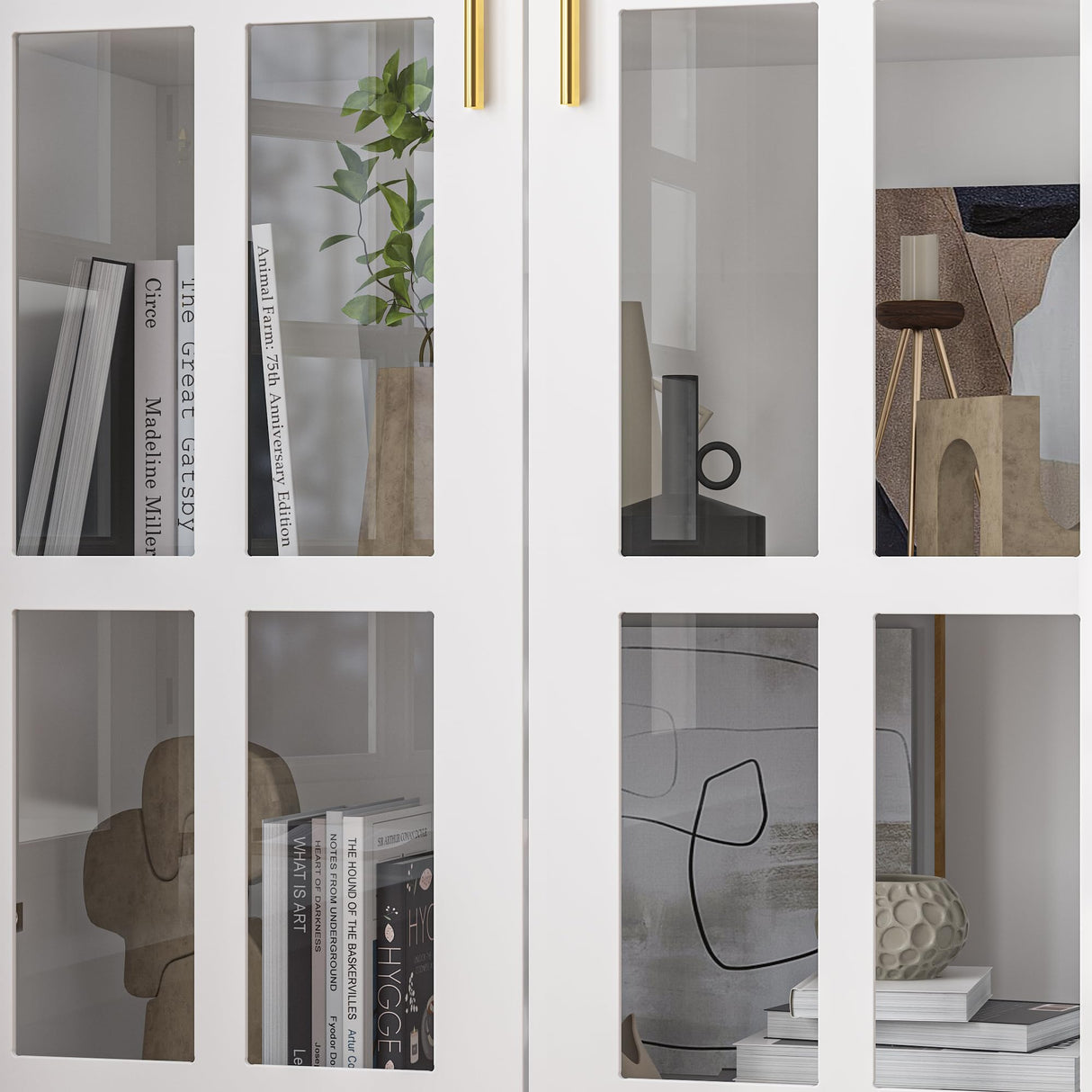 WOODTIME 70" H Display Storage Cabinet with Tempered Glass Doors & 4-Tier Shelf, Wooden Curio Cabinet Bookcase Bookshelf with 2 Drawers for Home Office Living Room Store, White WOODTIME