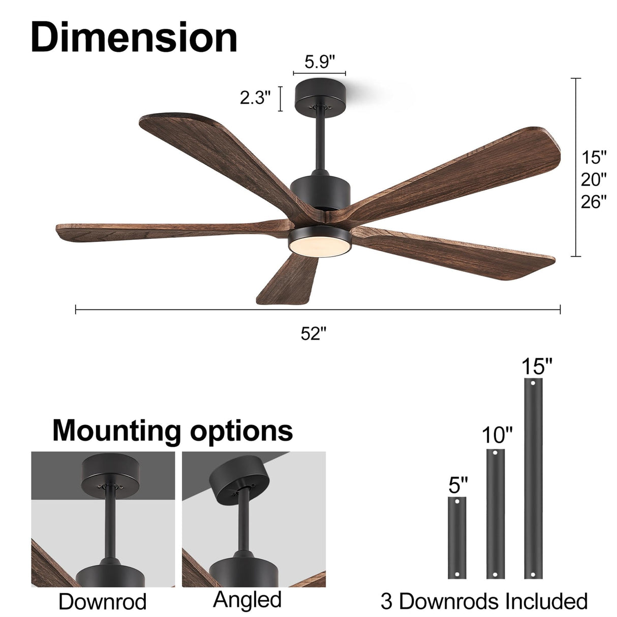 BOOSANT 52 Inch Ceiling Fan with Lights, 5 Blade Ceiling Fan with Remote Control, 5 Reversible Solid Wood Blades, 6-Speed Noiseless flush mount, Modern Ceiling Fan for Indoor Outdoor Patios Bedroom BOOSANT