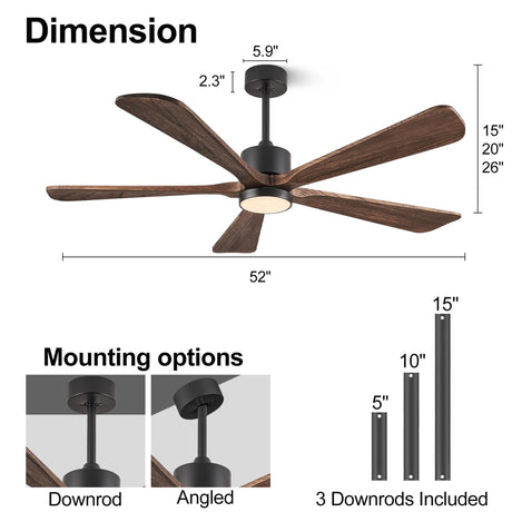 BOOSANT 52 Inch Ceiling Fan with Lights, 5 Blade Ceiling Fan with Remote Control, 5 Reversible Solid Wood Blades, 6-Speed Noiseless flush mount, Modern Ceiling Fan for Indoor Outdoor Patios Bedroom BOOSANT
