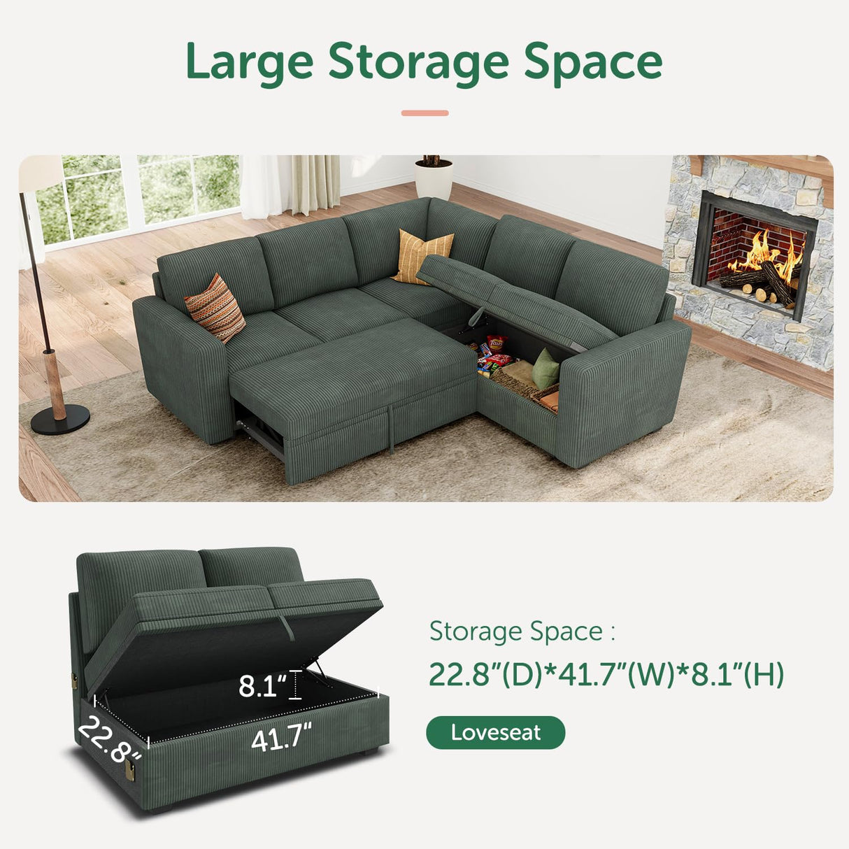HONBAY Modular Sectional Sleeper Sofa with Pull Out Bed, Corduroy L Shaped Couch with Storage Seats, Convertible Sectional Couches for Living Room, Green HONBAY