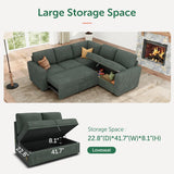 HONBAY Modular Sectional Sleeper Sofa with Pull Out Bed, Corduroy L Shaped Couch with Storage Seats, Convertible Sectional Couches for Living Room, Green HONBAY