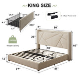 Feonase Beige King Size Platform Bed Frame with 4 Storage Drawers and Charging Station Feonase
