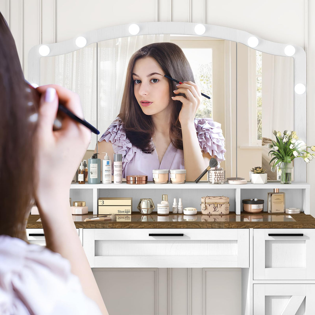 usikey Farmhouse Vanity Desk with Large Lighted Mirror and 10 Lights, 43.3" Glass Tabletop Makeup Vanity with 3 drawers, Large Vanity Tabel Set with Long Shelf, 2 Cabinets and Stool, Antique White usikey