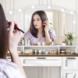 usikey Farmhouse Vanity Desk with Large Lighted Mirror and 10 Lights, 43.3" Glass Tabletop Makeup Vanity with 3 drawers, Large Vanity Tabel Set with Long Shelf, 2 Cabinets and Stool, Antique White usikey