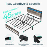 LINSY Queen Bed Frame with Ergonomic Headboard, Platform Metal Bed Frame with RGB Lights, Outlets & Charger, 45 Minutes Fast Assembly Bed Queen Size with Storage, No Box Spring Needed, Greige LINSY