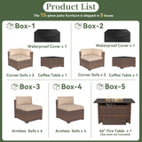 Aoxun 15 Piece Patio Furniture Set with 44” Fire Pit Table Wicker Rattan Outdoor Sectional Sofa Set with Coffee Table and Thickened Cushions, Beige (Waterproof Cover Included) Aoxun