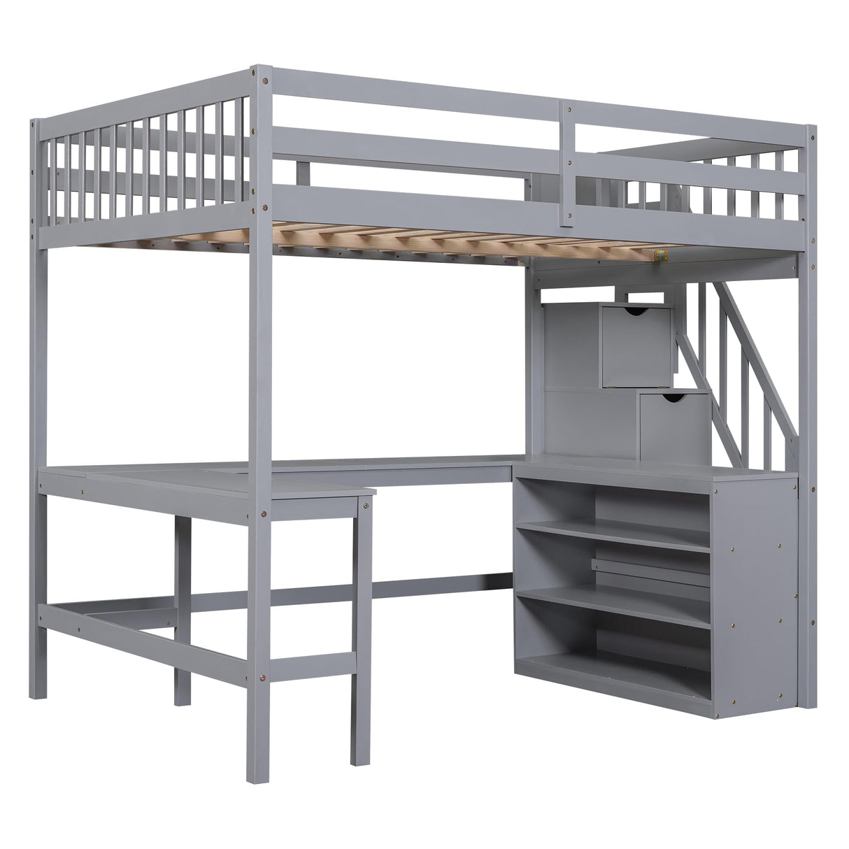 Discover the Harper & Bright Designs Full Size Loft Bed with Stairs & Desk – Versatile Solid Wood Frame in Gray Harper & Bright Designs