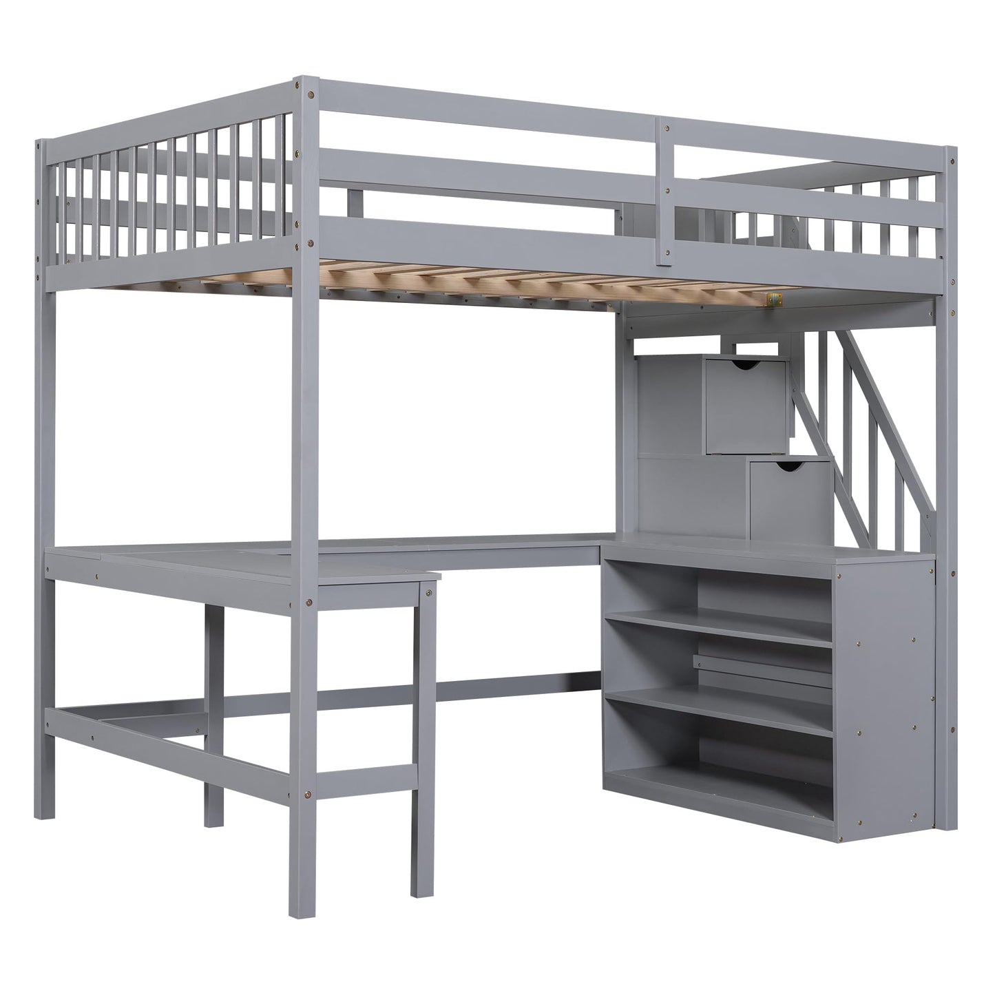 Discover the Harper & Bright Designs Full Size Loft Bed with Stairs & Desk – Versatile Solid Wood Frame in Gray