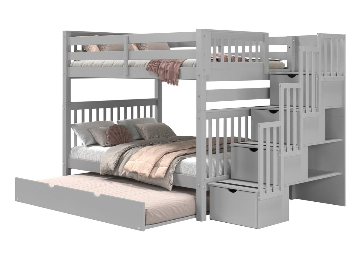 Bedz King Stairway Bunk Beds Full over Full with 4 Drawers in the Steps and a Full Trundle, Gray Bedz King