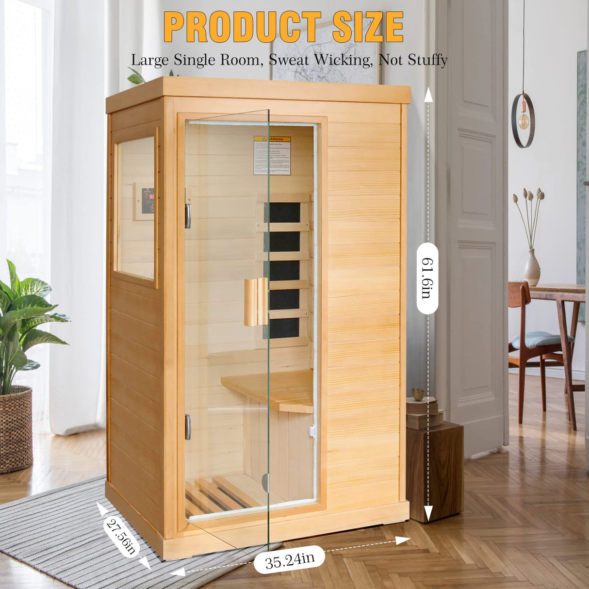 OUTEXER Far Infrared Sauna Home Sauna Spa Room Low-EMF Canadian Hemlock Wood 800W Indoor Saunas with Control Panel and Tempered Glass Door, Room:35.2 * 27.6 * 61.6Inch OUTEXER