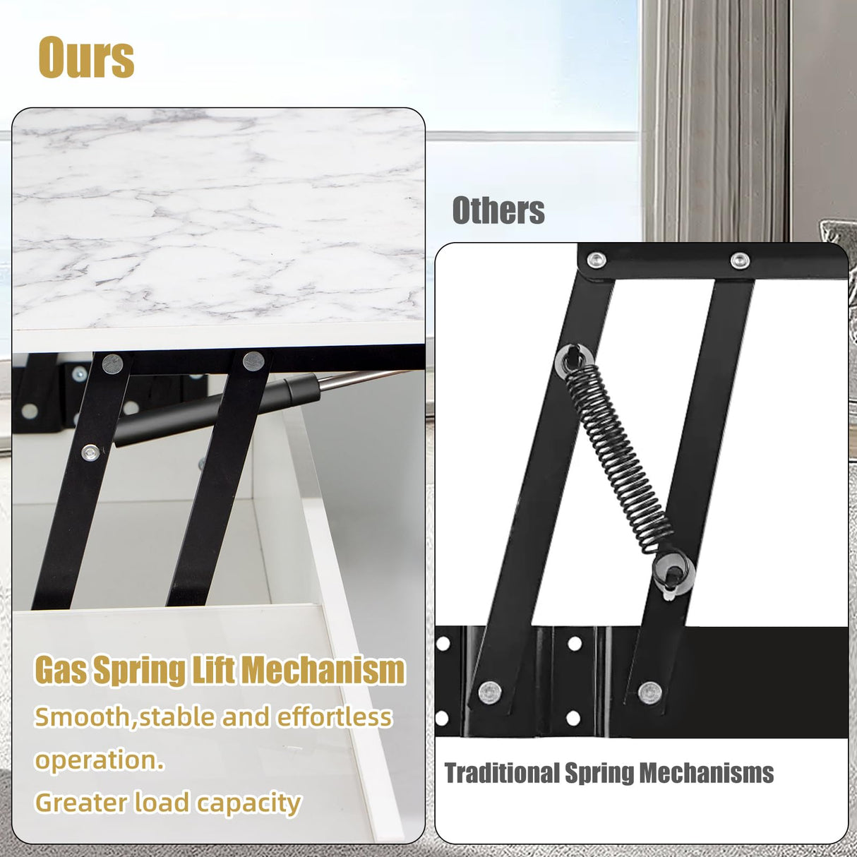 White and Gold Lift Top Coffee Table with Charging Station and LED Lights - 40" L×20" W×17" H Large Rectangle Marble Coffee Table Lift Top for Living Room, Glass & Marble-Pattern Tabletop, Metal Leg Caredear