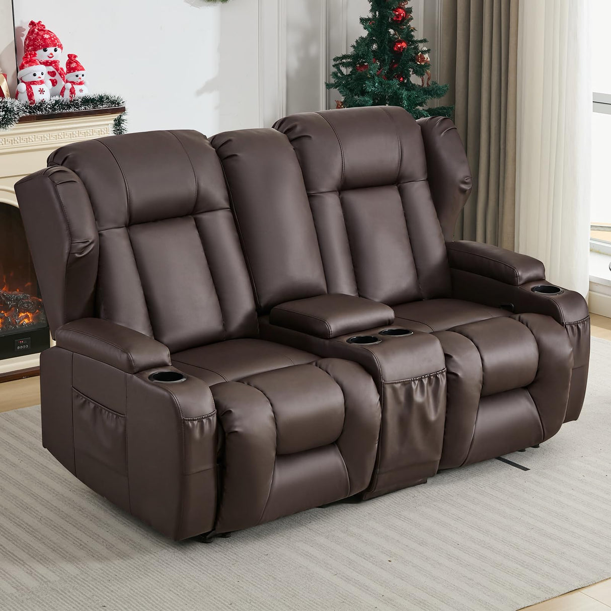 SAMERY 65.5" RV Loveseat Recliner Double Recliner RV Sofa & Console | Wall Hugger Loveseat Reclining RV | RV Theater Seats | RV Couch | RV Home Theater Seating Furniture (Faux Leather Brown) SAMERY