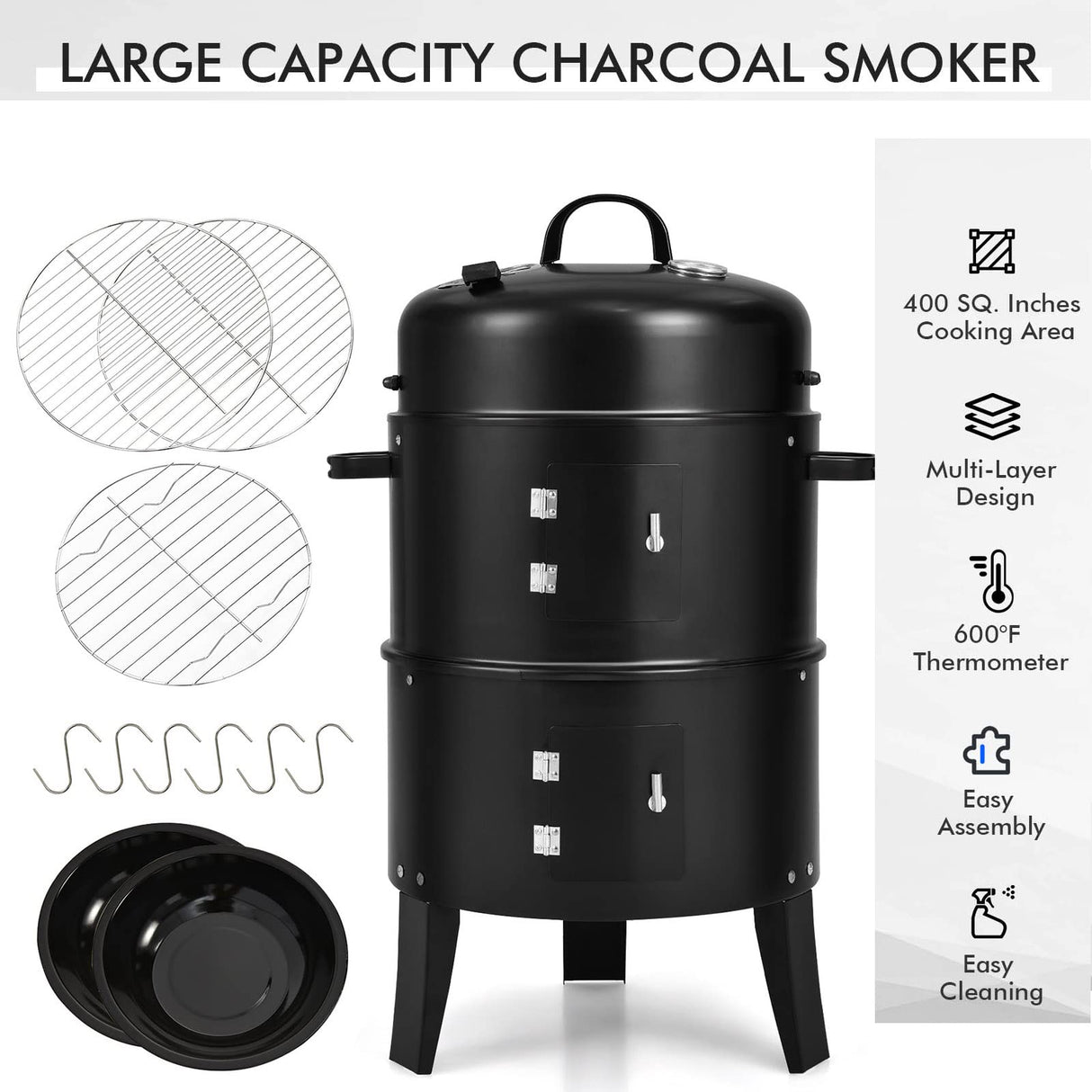 Giantex 3-in-1 Outdoor Smoker Grill, Portable Charcoal BBQ Grill with Smoker Combo, Built-in Thermometer and Air Vent, 6 Hooks, 2 Layers Vertical Steel Charcoal Smoker for Outdoor Cooking Camping Giantex
