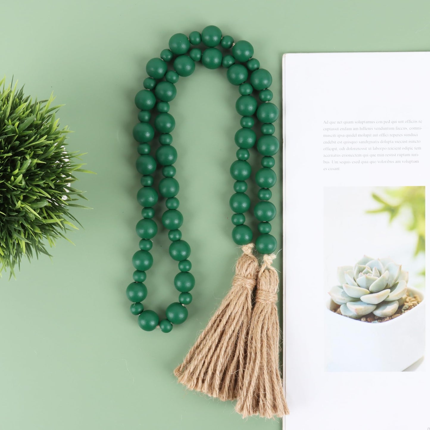 Yagoo St Patricks Day Wood Bead Garland with Tassels, Farmhouse Rustic Prayer Beads Boho Tassel Garland Decorative Beads for Home Decor (Green)