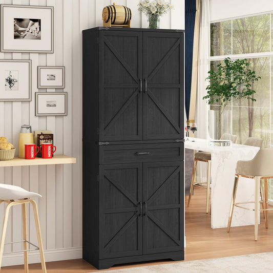 72" Kitchen Pantry Storage Cabinet, Farmhouse Storage Cabinet with Adjustable Shelves, Large Capacity Storage Cabinet with Drawer,Freestanding Cupboard for Kitchen, Dining Room, Living Room, Black