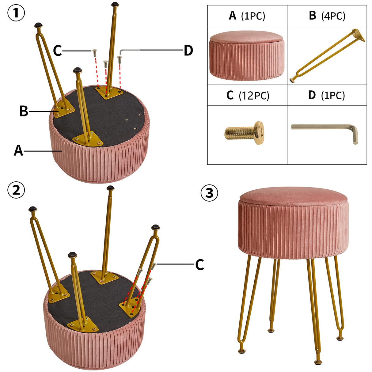 IBUYKE Velvet Storage Footrest Stool Ottoman, Makeup Vanity Stool Side Table with Golden Steel Legs Removable Cover, Coffee Table Top Cover, Pink LG-20P IBUYKE