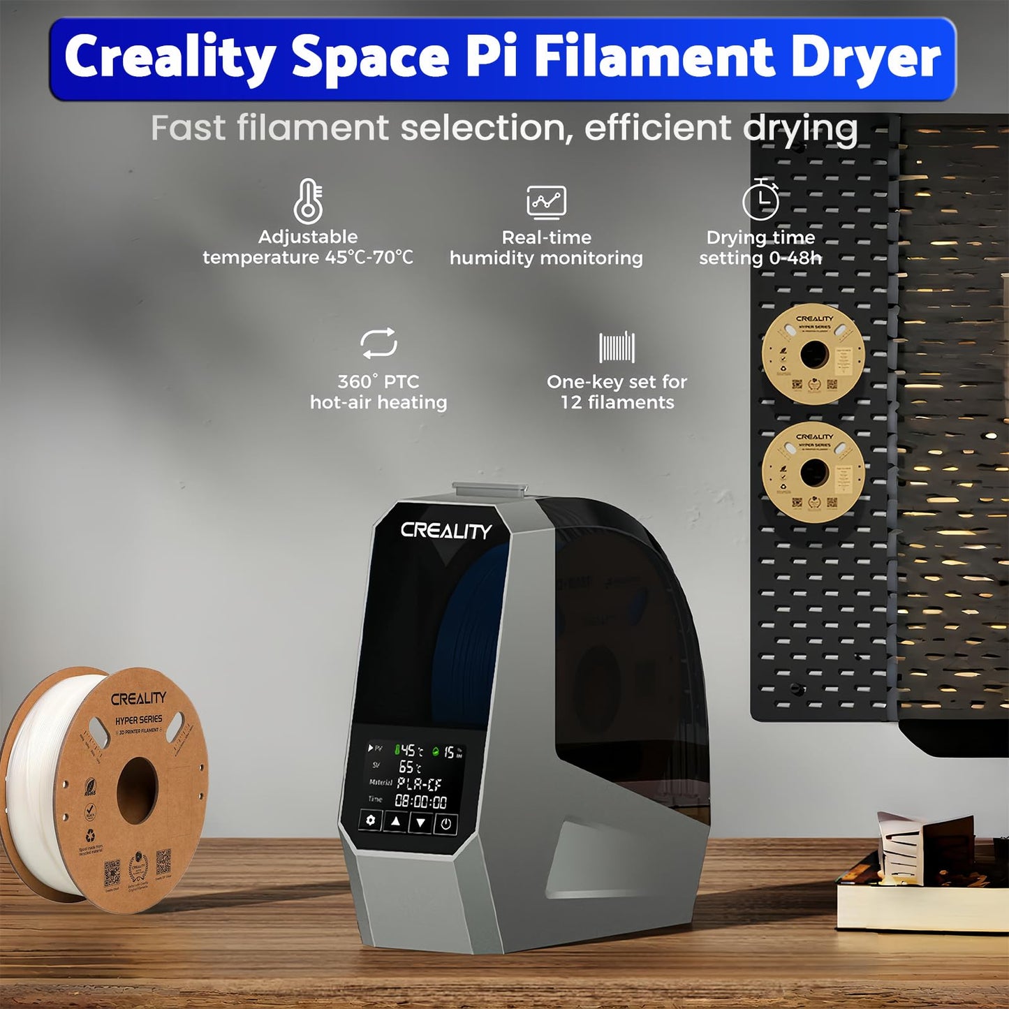 Creality Official Space Pi Filament Dryer, 3D Printer Filament Dryer Box with 3.7" Touchscreen and PTC 360° Heating, One-Key Setting for 1.75/2.85mm PLA PETG ABS TPU Nylon (Single Roll) - WoodArtSupply