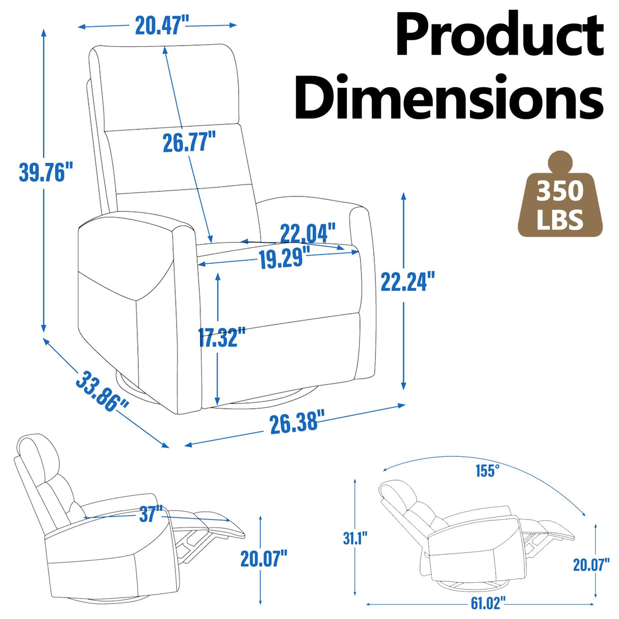 Slim Lazy Boy Recliners for for Adults, Swivel Rocking Chair Recliner with High Back, Small Recliner Chair for Small Spaces, Manual Reclining Chair for Living Room, Adjustable Footrest (Brown) Thctvous