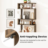 SILKYDRY 6 Tier Geometric Bookshelf, S Shaped Bookshelf with Anti-toppling Kits, Freestanding Room Divider Bookcase, 64" Tall Staggered Display Shelf for Living Room Bedroom (2, Walnut) SILKYDRY