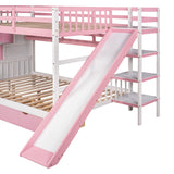 Full-Over-Full Bunk Bed, Castle Style Bunk Bed with 2 Drawers and 3 Shelves, Solid Wood Bunk Beds with Slide and Storage Staircase, Playhouse Low Bunk Bed for Kids Teens Boys Girls (Pink-O273) Aiuyesuo