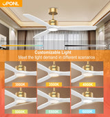 OPONL White Wood Ceiling Fan with Light 52inch, Low Profile, Remote Control, Downrod Mount, Noiseless, Reversible, 6CCT, Dimmable, 6 speeds, Timeable, Ceiling Fans with Lights for Living Room OPONL