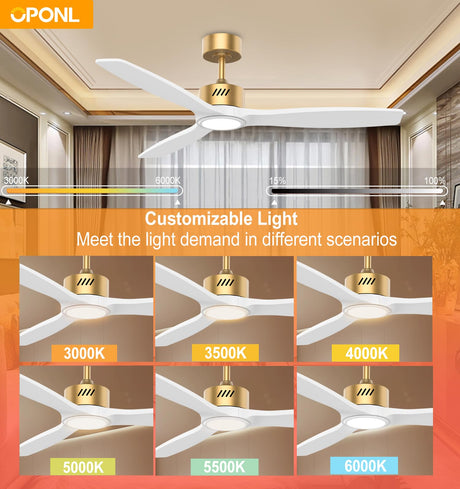 OPONL White Wood Ceiling Fan with Light 52inch, Low Profile, Remote Control, Downrod Mount, Noiseless, Reversible, 6CCT, Dimmable, 6 speeds, Timeable, Ceiling Fans with Lights for Living Room OPONL