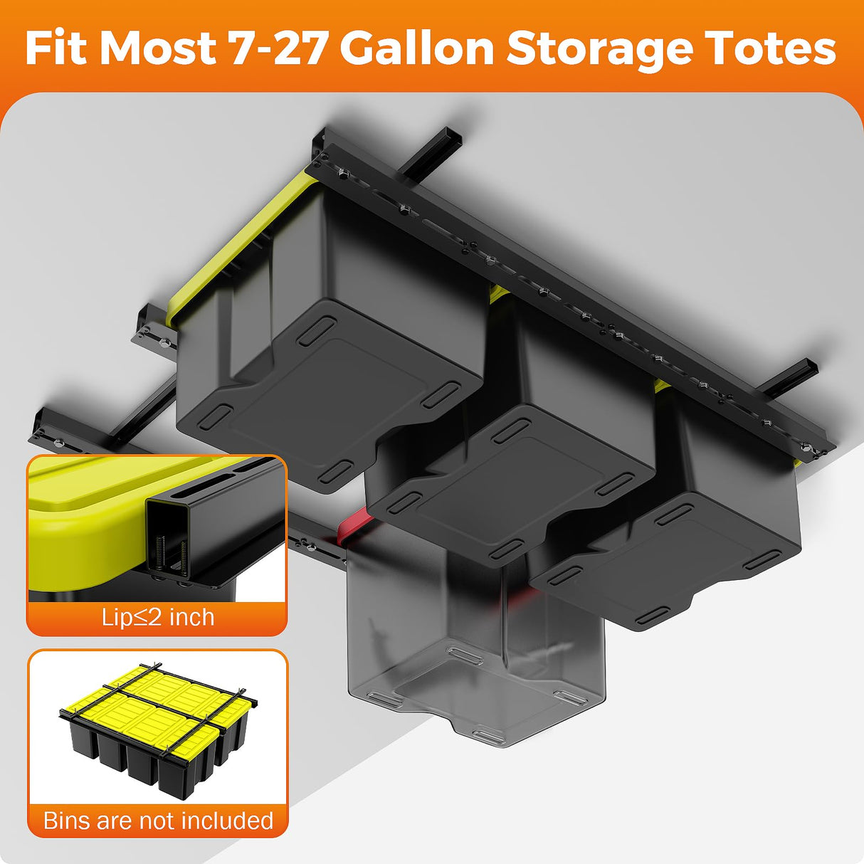 BEAMNOVA Overhead Garage Storage Rack,Ceiling Bin Rails Storage Heavy Duty Metal Garage Ceiling Storage Racks,Overhead Tote Storage Rail System,Overhead Bin Storage (Black) 48" x 48" BEAMNOVA