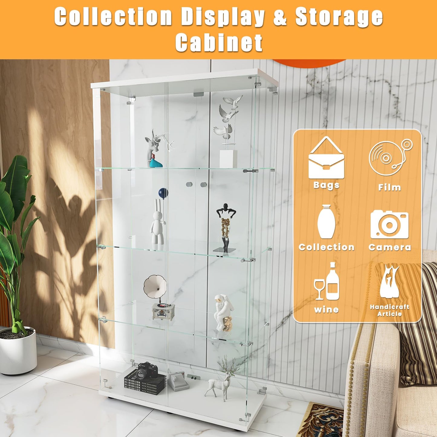 Zevemomo 4-Shelf Glass Display Cabinet with 2 Doors and Lock, Collectable Figures Curio Display Cabinet Floor Standing Shelf for Bedroom, Living Room, 31.69" L x 14.37" W x 64.56" H, White