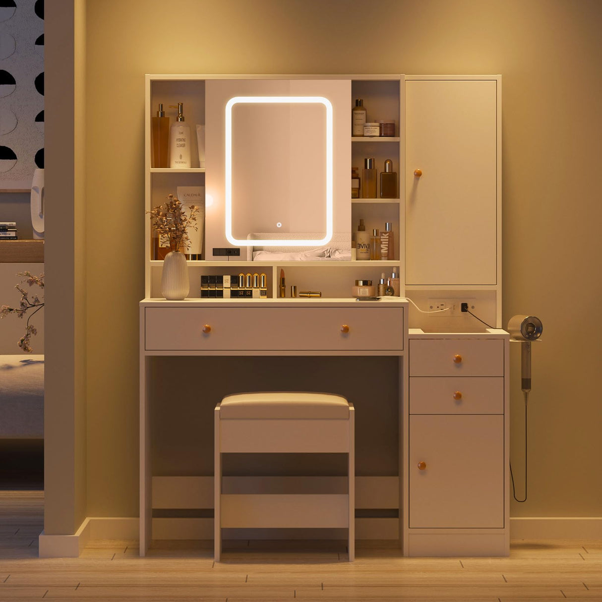 Vanity Desk with Mirror, Lights and Charging Station, 3-Drawer Glass Top Vanity Table with Jewelry Cabinet, 42.8 inch Halitaa