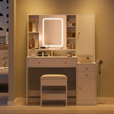 Vanity Desk with Mirror, Lights and Charging Station, 3-Drawer Glass Top Vanity Table with Jewelry Cabinet, 42.8 inch Halitaa