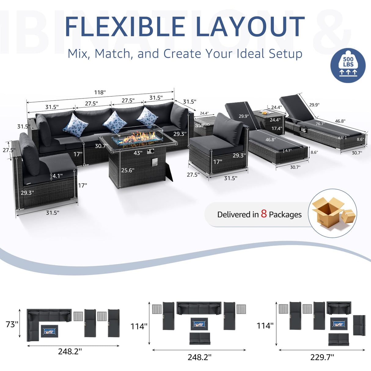 NICESOUL 11 Piece Outdoor Furniture Set with Fire Pit Table Natural Gas/Propane, 29.3'' High Back Comfy Patio Sectionals w/Chaise Lounger, Modern Large Deep Rattan Sofa Set for Garden Backyard, Gray NICESOUL