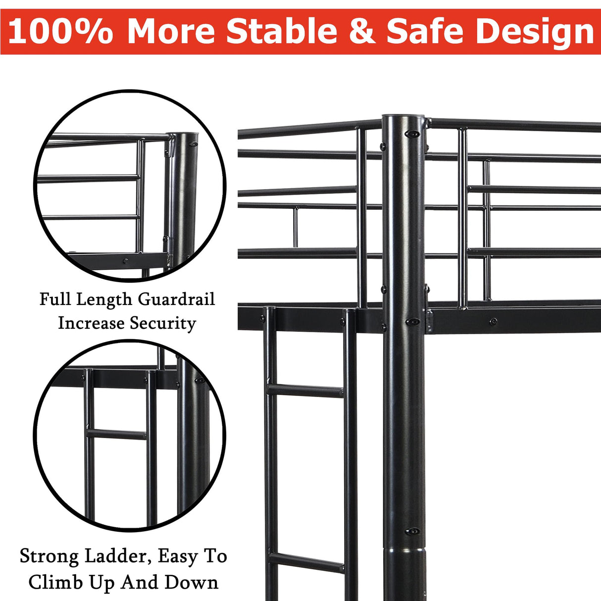 ZMIZAKOY Heavy Duty Full Over Full Bunk Bed for Kids Adults Teens, Metal Bunk Bed Full Over Full with Sturdy Guard Rail & 2 Side Ladders, Convertible Bunkbed,No Box Spring Needed (Black) ZMIZAKOY