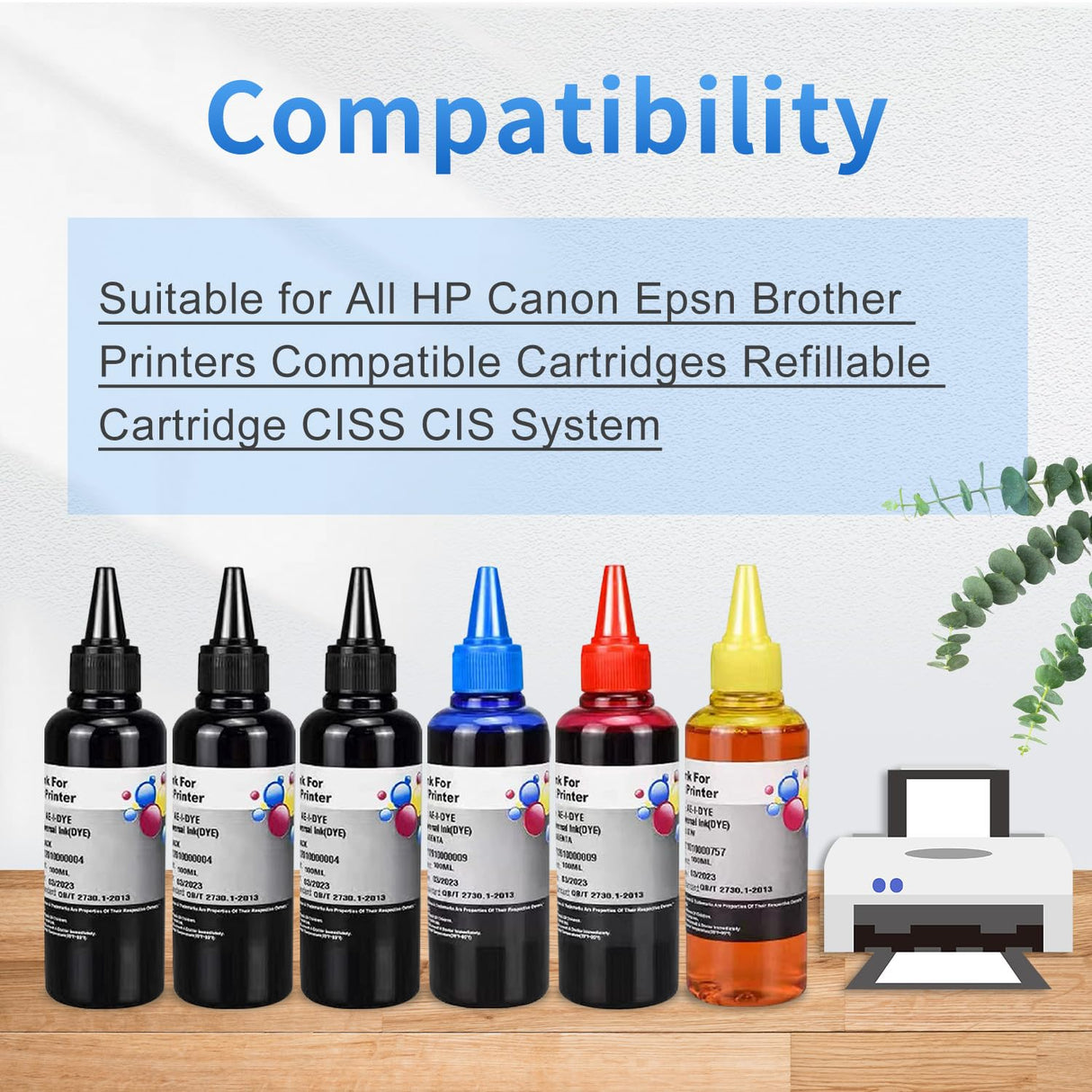 AYMSous 6-Pack Universal Dye Ink Refill Kit for All HP Canon Epsn Brother Printers Compatible Cartridges Refillable Cartridge CISS CIS System with 6 Syringes(6x100ML 3BK, 1C. 1M, 1Y) AYMSous
