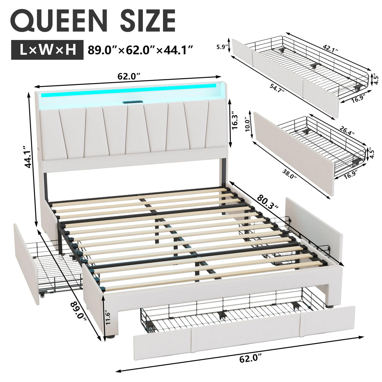 Fameill Queen Size Bed Frame with Storage Headboard and 3 Drawers,Upholstered Platform Bed with Charging Station,Queen Bed Frame with LED Lights,No Box Spring,Beige Fameill