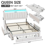 Fameill Queen Size Bed Frame with Storage Headboard and 3 Drawers,Upholstered Platform Bed with Charging Station,Queen Bed Frame with LED Lights,No Box Spring,Beige Fameill