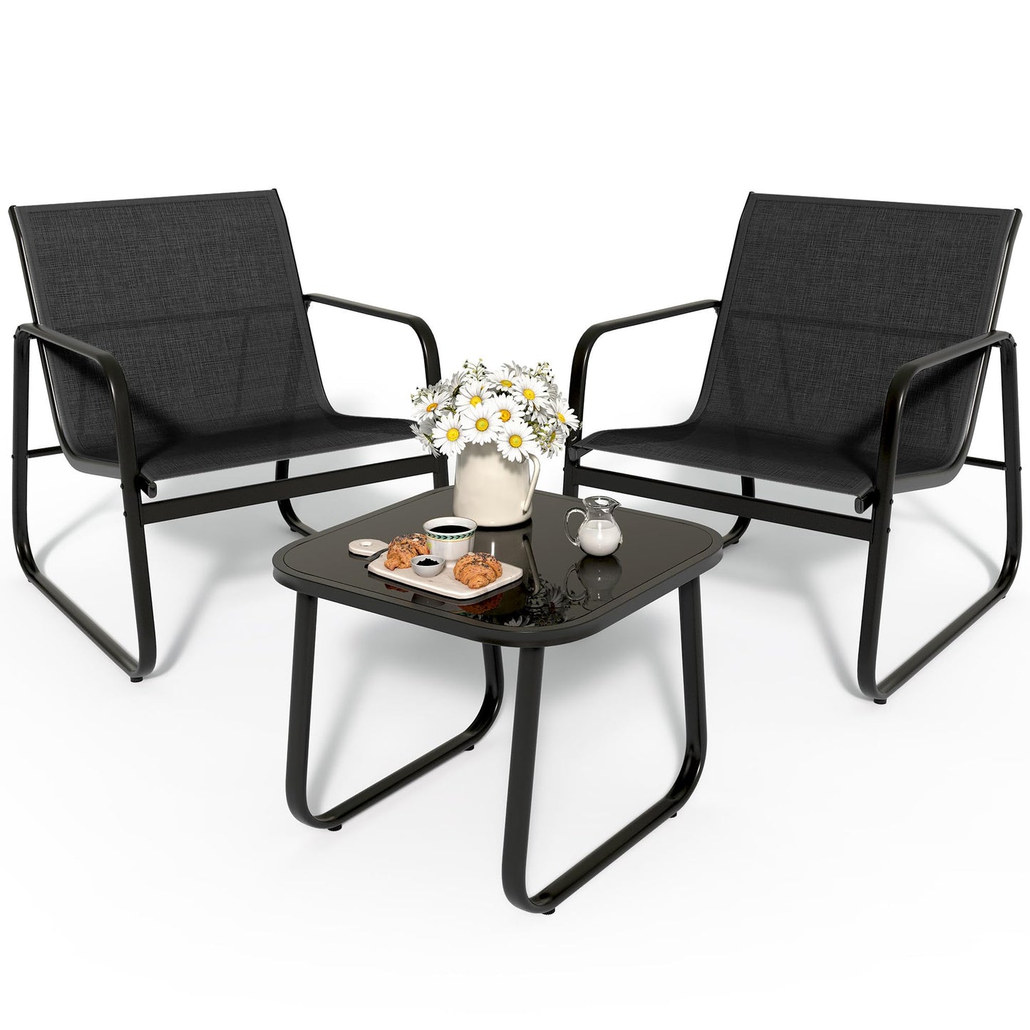 YITAHOME 3 Piece Patio Furniture Set with Bistro Chairs and Glass Table, Textilene Fabric Outdoor Conversation Furniture Set for Backyard Lawn Garden Balcony Poolside (Black) - WoodArtSupply