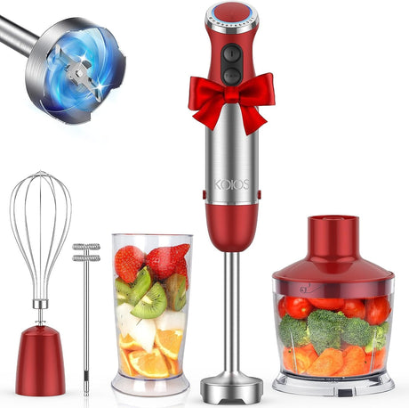 KOIOS 5-in-1 Hand Immersion Blender, 1000W 12 Speed Handheld Blender, Copper Motor Stainless Steel Blade Stick Blender,600ml Mixing Beaker,500ml Food Processor, Whisk, Milk Frother, BPA-Free, Red KOIOS