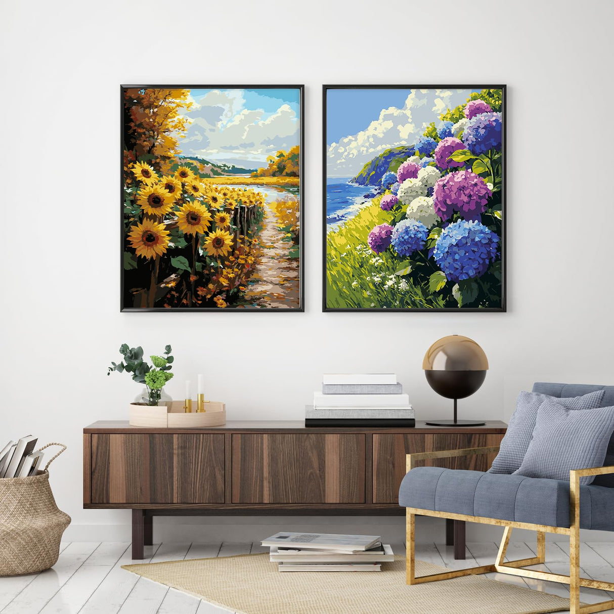 2 Pack Paint by Numbers Kit for Adults Beginner, Flowers Adult Paint by Number Kits on Canvas, DIY Hydrangea Sunflower Landscape Acrylic Painting by Number Kits for Home Decor Gift 16x20 Inch Possoco