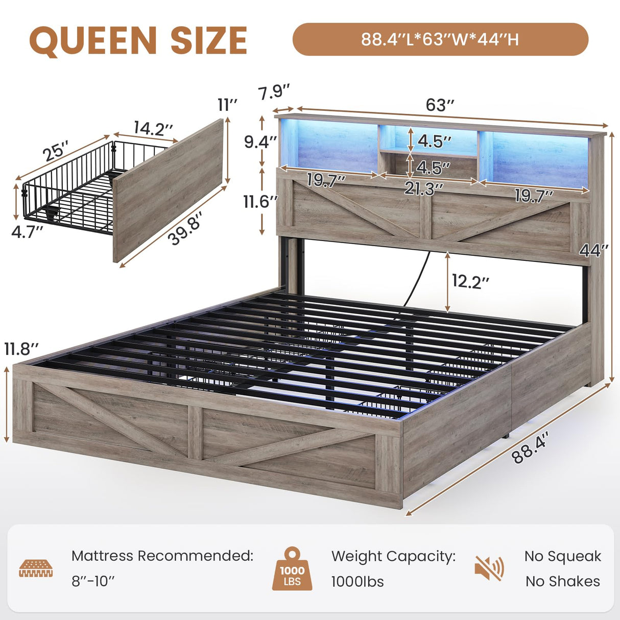 VIAGDO Farmhouse Bed Frame Queen Size with Bookcase Storage Headboard, Charging Station and LED Lights, Wooden Queen Bed Frame with 4 Drawers, Barn Door Design, No Box Spring Needed, No Noise, Grey VIAGDO