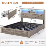 VIAGDO Farmhouse Bed Frame Queen Size with Bookcase Storage Headboard, Charging Station and LED Lights, Wooden Queen Bed Frame with 4 Drawers, Barn Door Design, No Box Spring Needed, No Noise, Grey VIAGDO